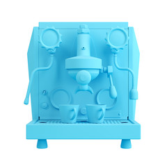 Blue espresso coffee machine and two cups isolated on white background. Minimal design art. 3d illustration.