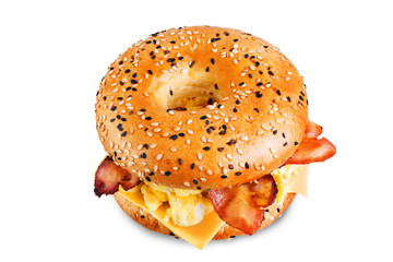 Fried bacon cheese egg salad bagel on a white isolated background