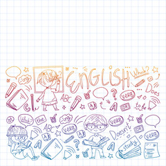 Fototapeta premium English school for children. Learn language. Education vector illustration. Kids drawing doodle style image.