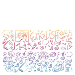 English school for children. Learn language. Education vector illustration. Kids drawing doodle style image.