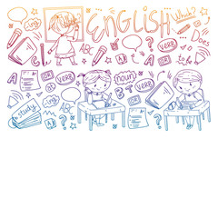 English school for children. Learn language. Education vector illustration. Kids drawing doodle style image.