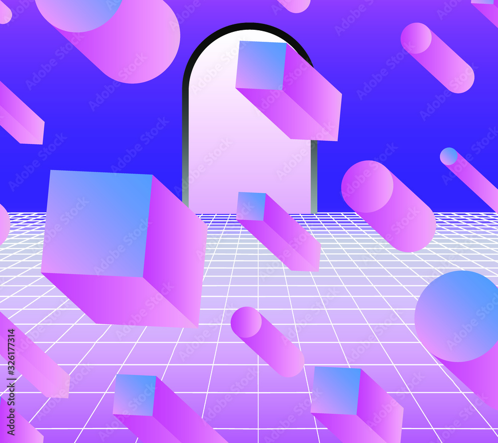Poster Retrofuturistic landscape with floating 3D neon shapes in zero gravity above endless laser grid. Abstract illustration in retrowave and vaporwave style.