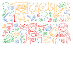 English school for children. Learn language. Education vector illustration. Kids drawing doodle style image.