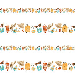 Red striped one-piece swimsuit and sun glasses, hat border cute seamless patten on a white background. Print for banners, posters, cards, web, textile, paper, stationery.