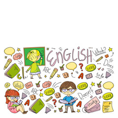 English school for children. Learn language. Education vector illustration. Kids drawing doodle style image.