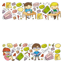 English school for children. Learn language. Education vector illustration. Kids drawing doodle style image.