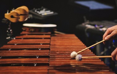 A man playing a marimba on a concert stage - obrazy, fototapety, plakaty