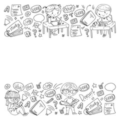 English school for children. Learn language. Education vector illustration. Kids drawing doodle style image.