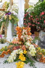 Fototapeta na wymiar Beautiful flower arrangement with orchids different colors