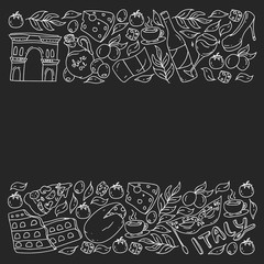 Italy. Vector set of icons for restaurant, cafe, backgrounds. Coliseum, Rome, Pisa, Venice. Cheese and Pizza.