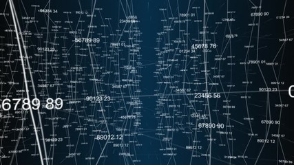 This stock motion graphics video shows updating numbers connected to lines moving towards the viewer.