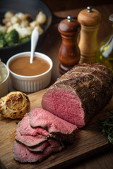 sliced eye of round beef roasted beef on cutting board