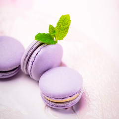 Homemade french violet lavender macaroons or macarons on light background, copy space