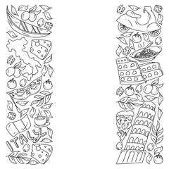 Naklejka premium Italy. Vector set of icons for restaurant, cafe, backgrounds. Coliseum, Rome, Pisa, Venice. Cheese and Pizza.