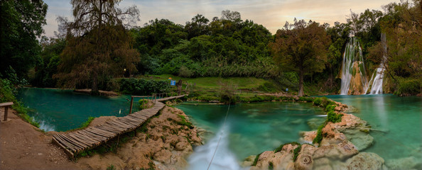 Amazing nature landscape, beautiful waterfall at sunrise, famous ,old mines (minas viejas ), san luis potosi Mexico, outdoor travel background