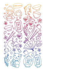 Japan. Vector pattern with japanese traditional items. Fuji mountain, sacura flowers, origami.