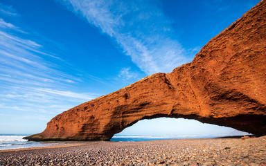 Natural stone arch bridge Legzira Beach Morocco