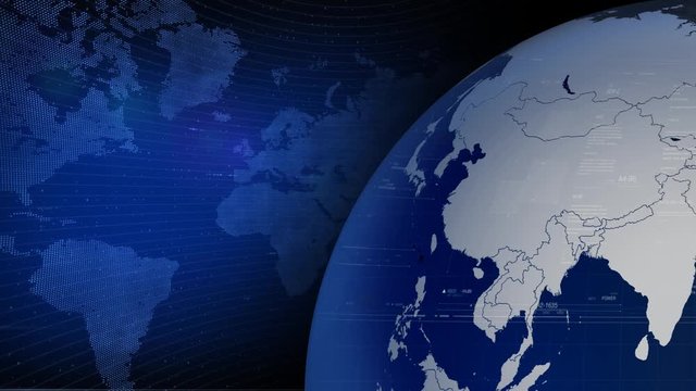 The News Background Loop animated background is perfect to add to your next news-related edit. It features a digital globe with text written on it, over a background of a passing world map with grid.