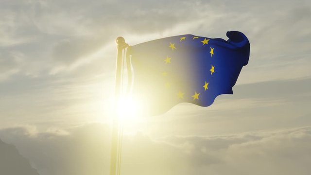 Flag of EU European Union Waving in the wind, Sky and Sun Background, Slow Motion, Realistic Animation, 4K UHD 60 FPS Slow-Motion