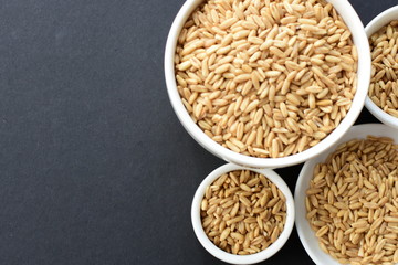 Natural oat grains, in containers for display