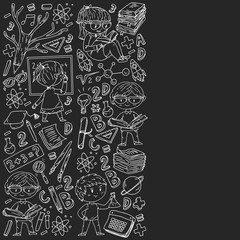 Back to school. Vector icons and elements for little children, college, online courses. Doodle style, kids drawing