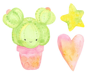 Watercolor set of cartoon illustrations with cactus. Cute, joyful cactus, heart, star. Isolated on a white background.