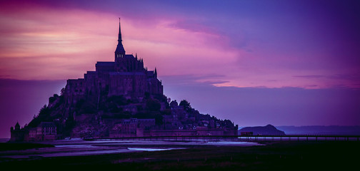 panorama of tidelands with Mont Saint-Michel, English Channel, Way of St. James, Route of Santiago...
