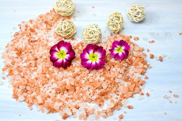 Himalayan salt  . pink salt background  . salt rejuvenates a body