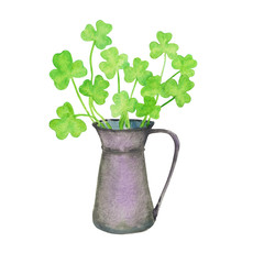 Shamrocks in a jug. Bouquet with clover. Watercolor hand-drawn illustration. Composition for St. Patrick's Day. Green grass in the vase. Decorative element for ecological, organic, floral design