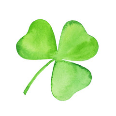 Fresh green watercolor shamrock. Hand-drawn clover illustration on a white background isolated. Decorative element for St. Patrick's Day design, for ecological, organic, floral design