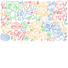 Back to school. Vector icons and elements for little children, college, online courses. Doodle style, kids drawing