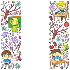 Back to school. Vector icons and elements for little children, college, online courses. Doodle style, kids drawing