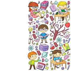 Back to school. Vector icons and elements for little children, college, online courses. Doodle style, kids drawing