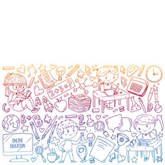 Back to school. Pattern with books, education element and little students. Kids, children learning mathematic, geography, geometry, physic, chemistry