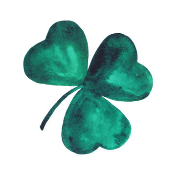 Emerald watercolor shamrock. Hand-drawn green clover illustration on a white background isolated. Decorative element for St. Patrick's Day design, for ecological, organic, floral design