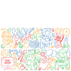 Back to school. Pattern with books, education element and little students. Kids, children learning mathematic, geography, geometry, physic, chemistry