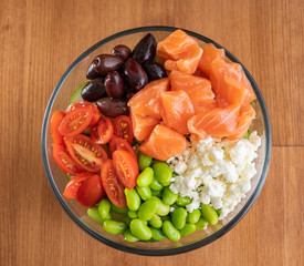 Hawaiian tuna salmon marlin wakame sesame soy cucumber avocado rice poke bowl