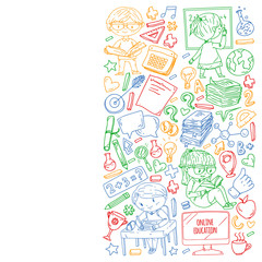 Back to school. Pattern with books, education element and little students. Kids, children learning mathematic, geography, geometry, physic, chemistry