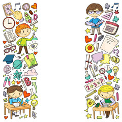 Back to school. Pattern with books, education element and little students. Kids, children learning mathematic, geography, geometry, physic, chemistry