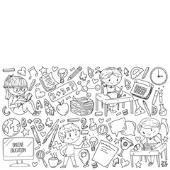 Back to school. Pattern with books, education element and little students. Kids, children learning mathematic, geography, geometry, physic, chemistry