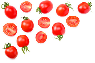 fresh tomato with slices isolated on white background. top view