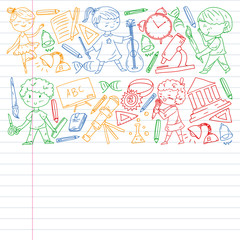 Cute school children. Imagination and creativity. Play and learn, singing, dancing, reading, drawing.