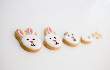 Home cooked and decorated Easter bunny cookies. Shown in a line with some parts eaten and crumbs. Icing pink, white and black in the shape of rabbit heads. On an angle with only the first one in focus