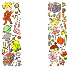 Cute school children. Imagination and creativity. Play and learn, singing, dancing, reading, drawing.