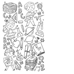 Cute school children. Imagination and creativity. Play and learn, singing, dancing, reading, drawing.