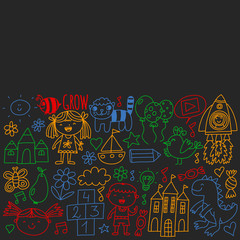 Vector pattern for kindergarten banners, posters with moon, planet, spaceship, rocket, sun, fruits, house, flowers. Creativity and imagination.