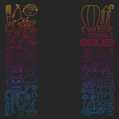 Vector pattern for kindergarten banners, posters with moon, planet, spaceship, rocket, sun, fruits, house, flowers. Creativity and imagination.