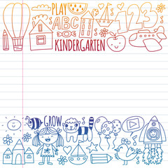 Vector pattern for kindergarten banners, posters with moon, planet, spaceship, rocket, sun, fruits, house, flowers. Creativity and imagination.