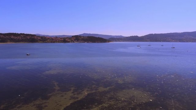 Calm sea with birds and boats in evening