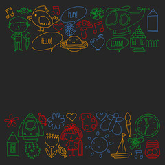 Vector pattern with little children. Kindergarten, play and grow together. Icons of toys and kids in doodle style